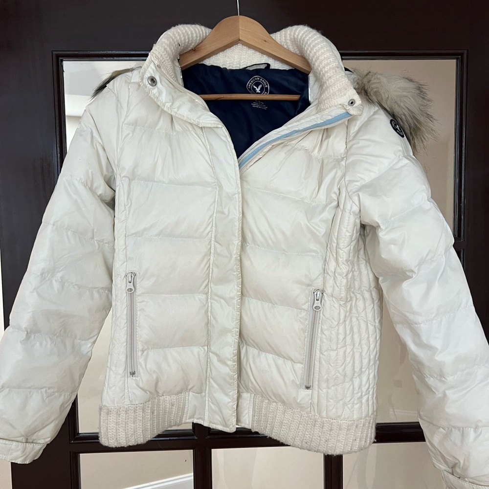 White puffer coat with fur hood